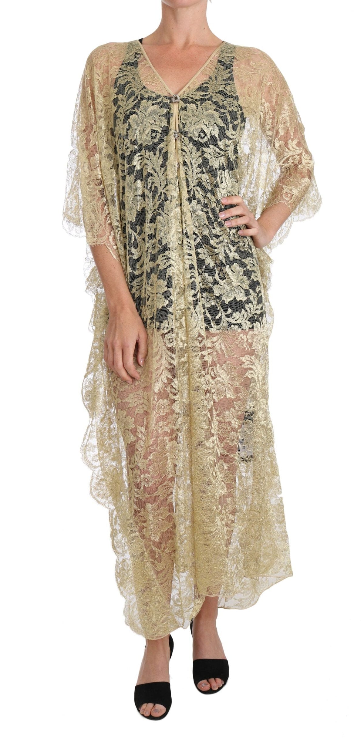 Dolce & Gabbana Gold Floral Lace Crystal Gown Cape Dress JOHNYCARRIBEAN Dolce & Gabbana Gold Floral Lace Crystal Gown Cape Dress JOHNYCARRIBEAN