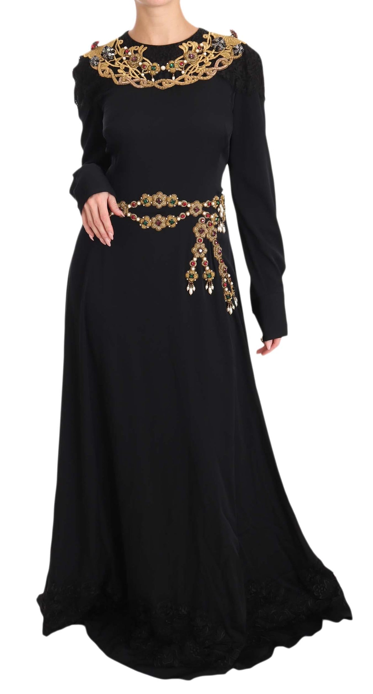 Robe longue noire élégante Dolce &amp; Gabbana avec détails dorés