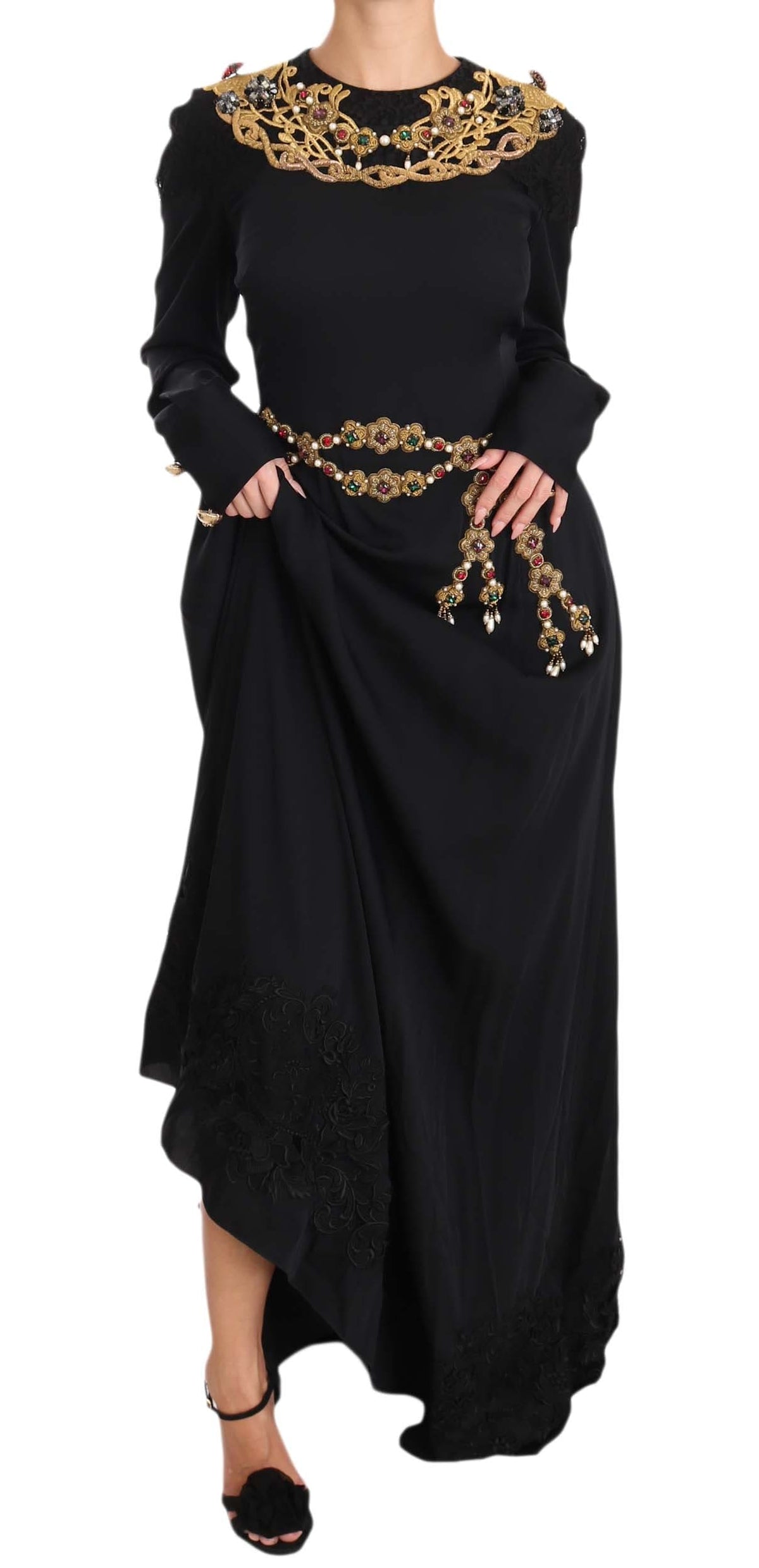 Robe longue noire élégante Dolce &amp; Gabbana avec détails dorés