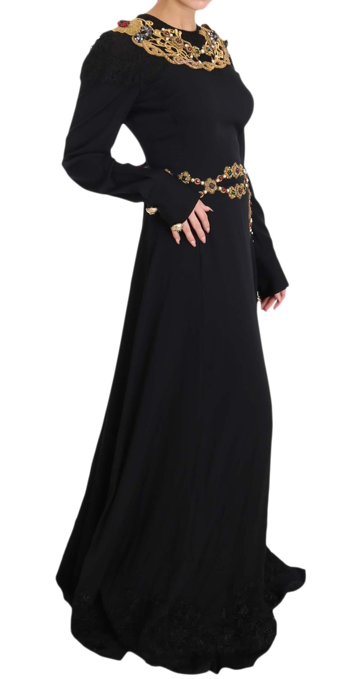 Dolce & Gabbana Elegant Maxi Black Dress with Gold Detailing