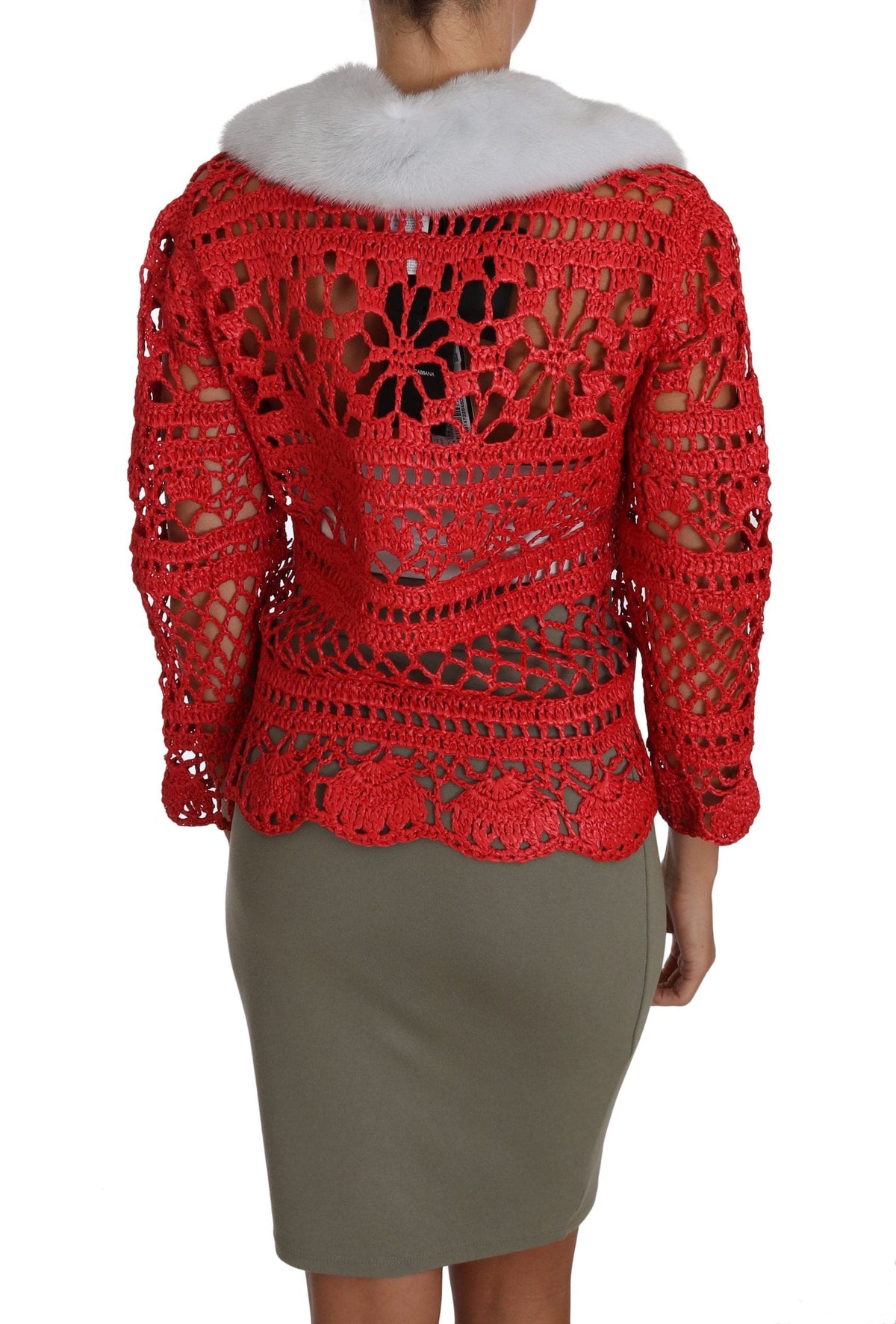 Dolce &amp; Gabbana - Cardigan élégant en tricot crocheté rouge avec col en fourrure