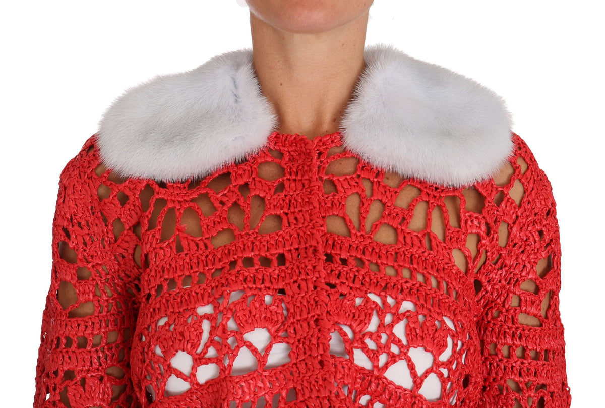 Dolce &amp; Gabbana - Cardigan élégant en tricot crocheté rouge avec col en fourrure