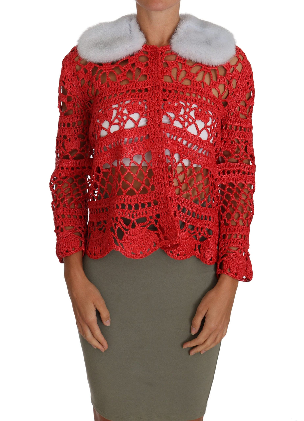 Dolce &amp; Gabbana - Cardigan élégant en tricot crocheté rouge avec col en fourrure