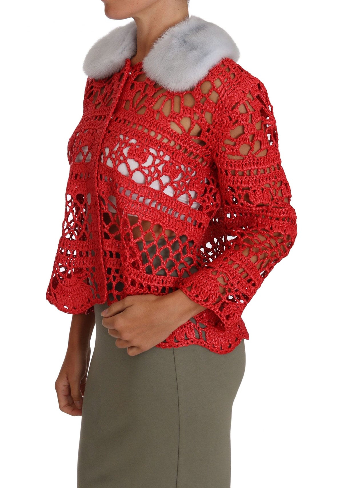 Cárdigan elegante de punto de crochet rojo con cuello de piel de Dolce &amp; Gabbana