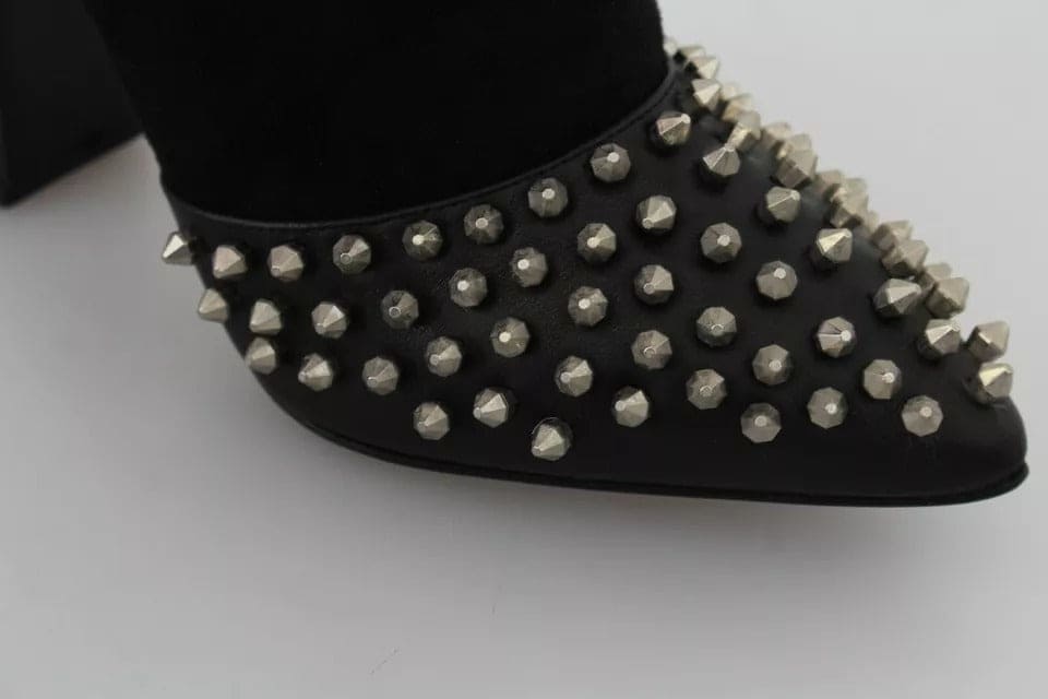 Philipp Plein Black Suede Studded Heels Ankle Boots Shoes