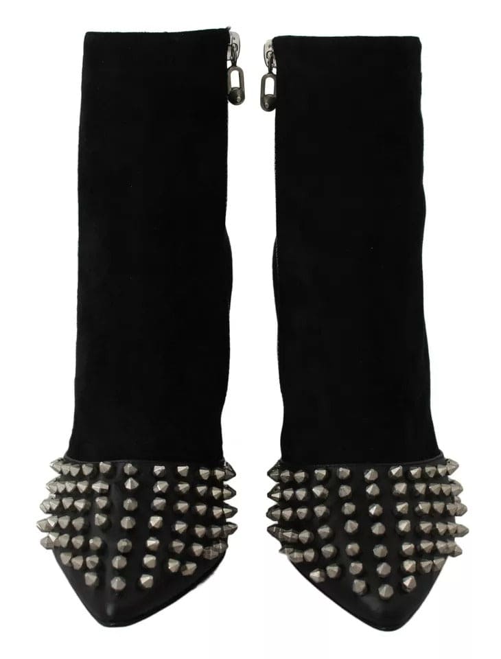 Philipp Plein Black Suede Studded Heels Ankle Boots Shoes