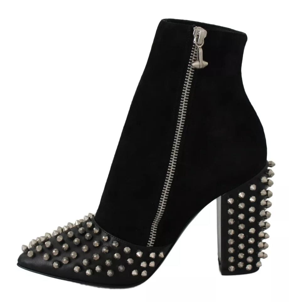 Philipp Plein Black Suede Studded Heels Ankle Boots Shoes