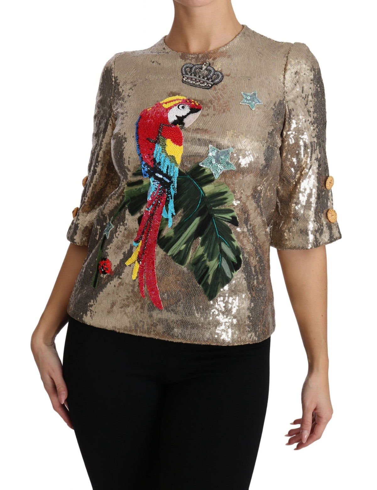 Blusa de cuello redondo con motivo de loro dorado y cristales de Dolce &amp; Gabbana