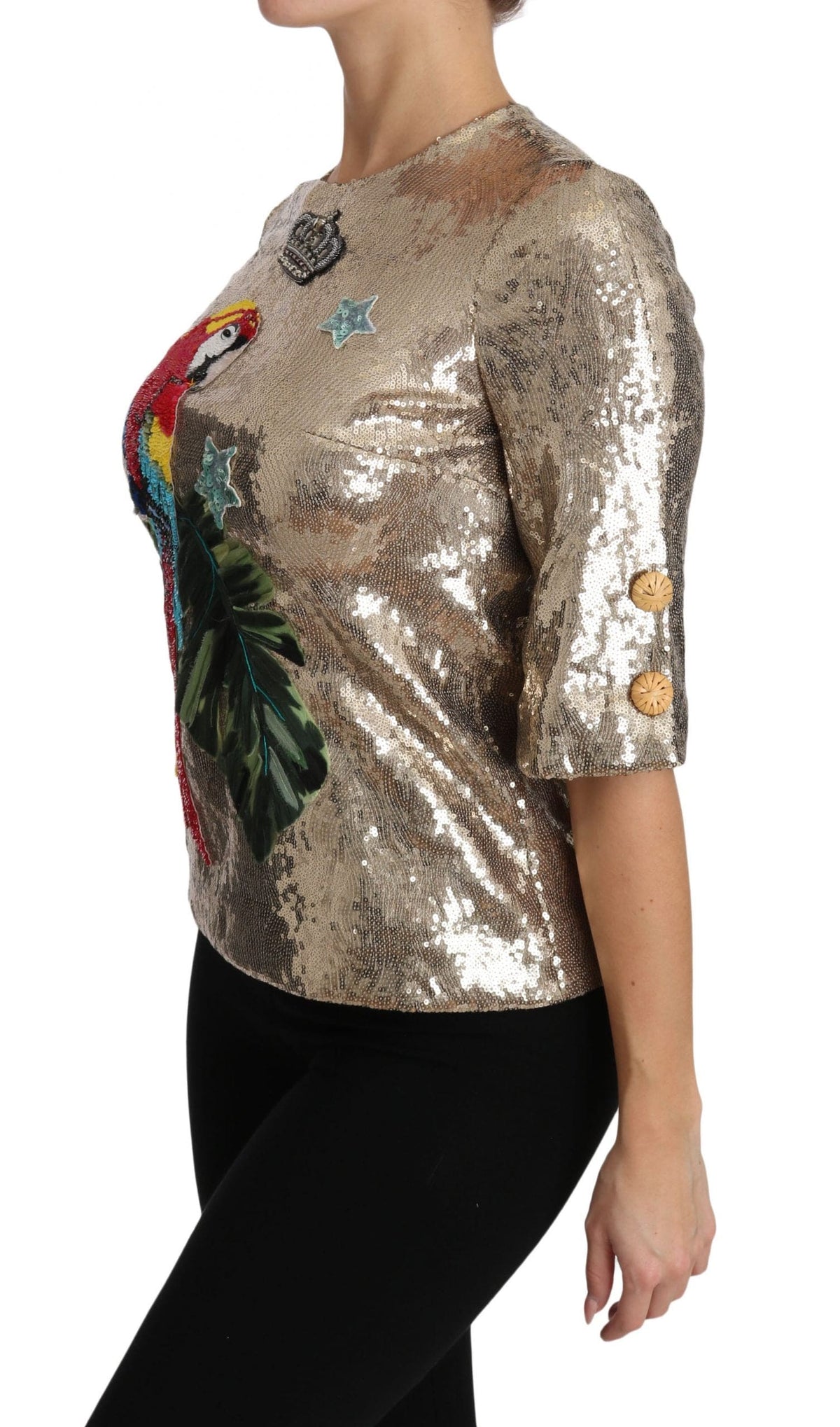 Blusa de cuello redondo con motivo de loro dorado y cristales de Dolce &amp; Gabbana