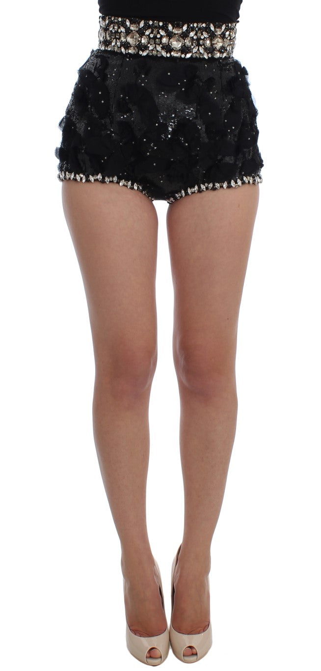 Short taille haute en soie à paillettes et cristaux Dolce &amp; Gabbana