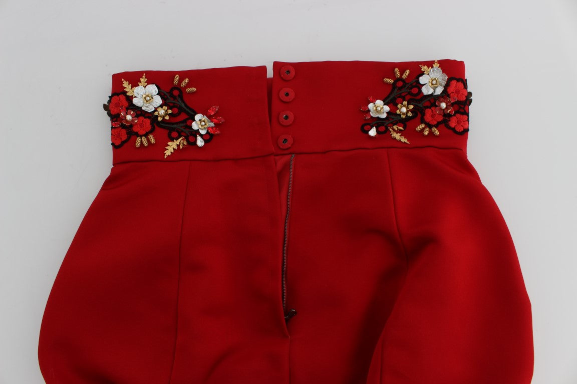 Short taille haute en soie rouge orné de cristaux Dolce &amp; Gabbana