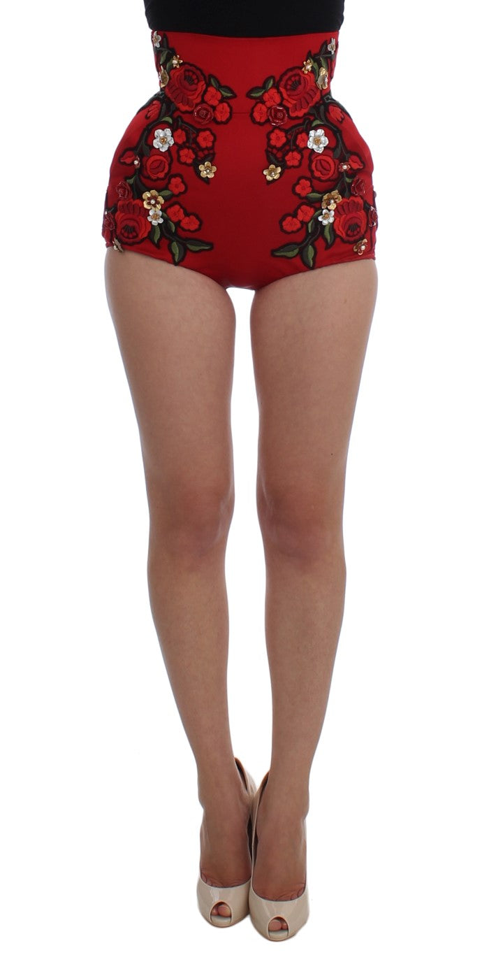 Short en soie rouge brodé de fleurs glamour Dolce &amp; Gabbana