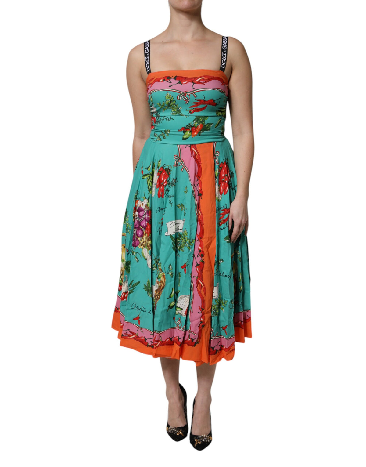 Robe midi sans manches en soie imprimée multicolore Dolce &amp; Gabbana