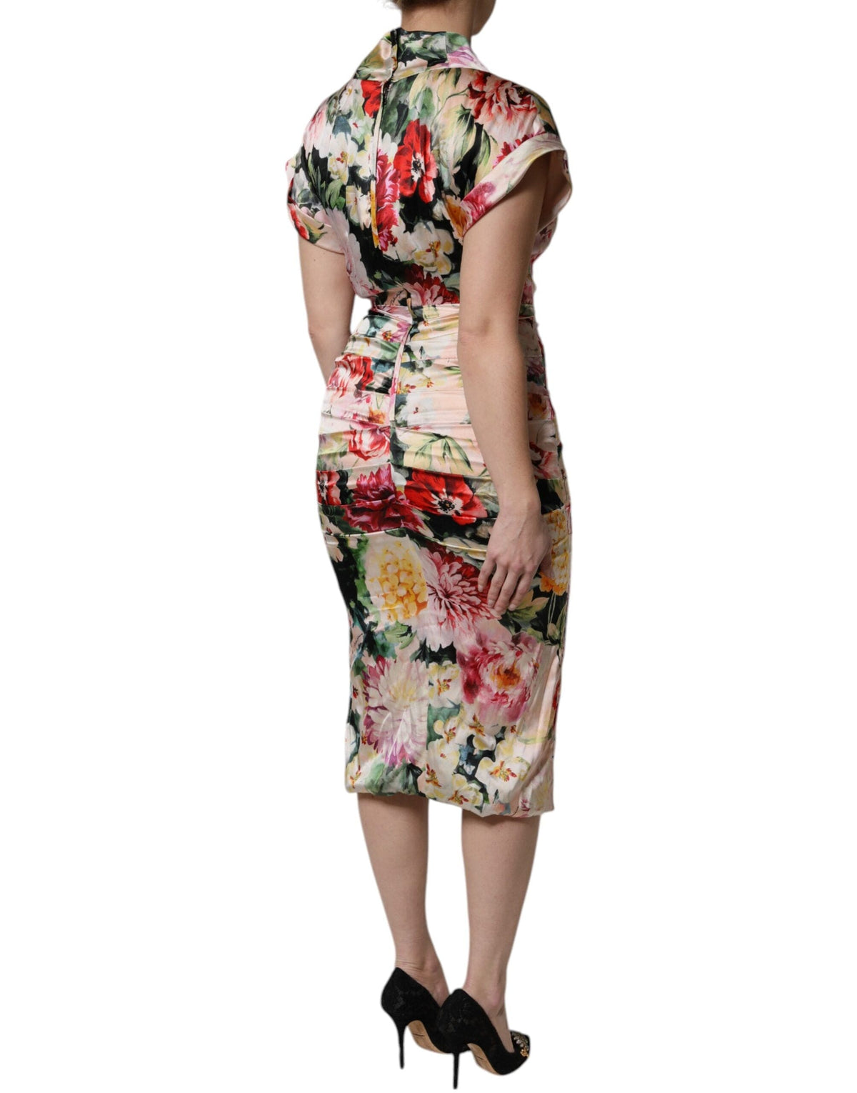 Dolce & Gabbana Multicolor Floral Short Sleeves Sheath Midi Dress