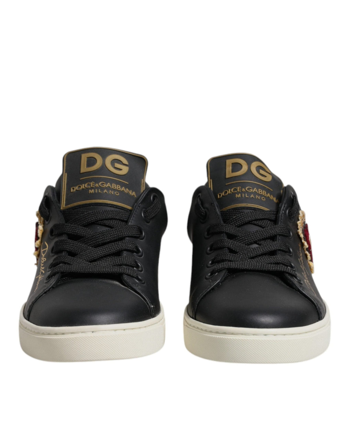Dolce & Gabbana Black Leather Gold Red Heart Sneakers Shoes