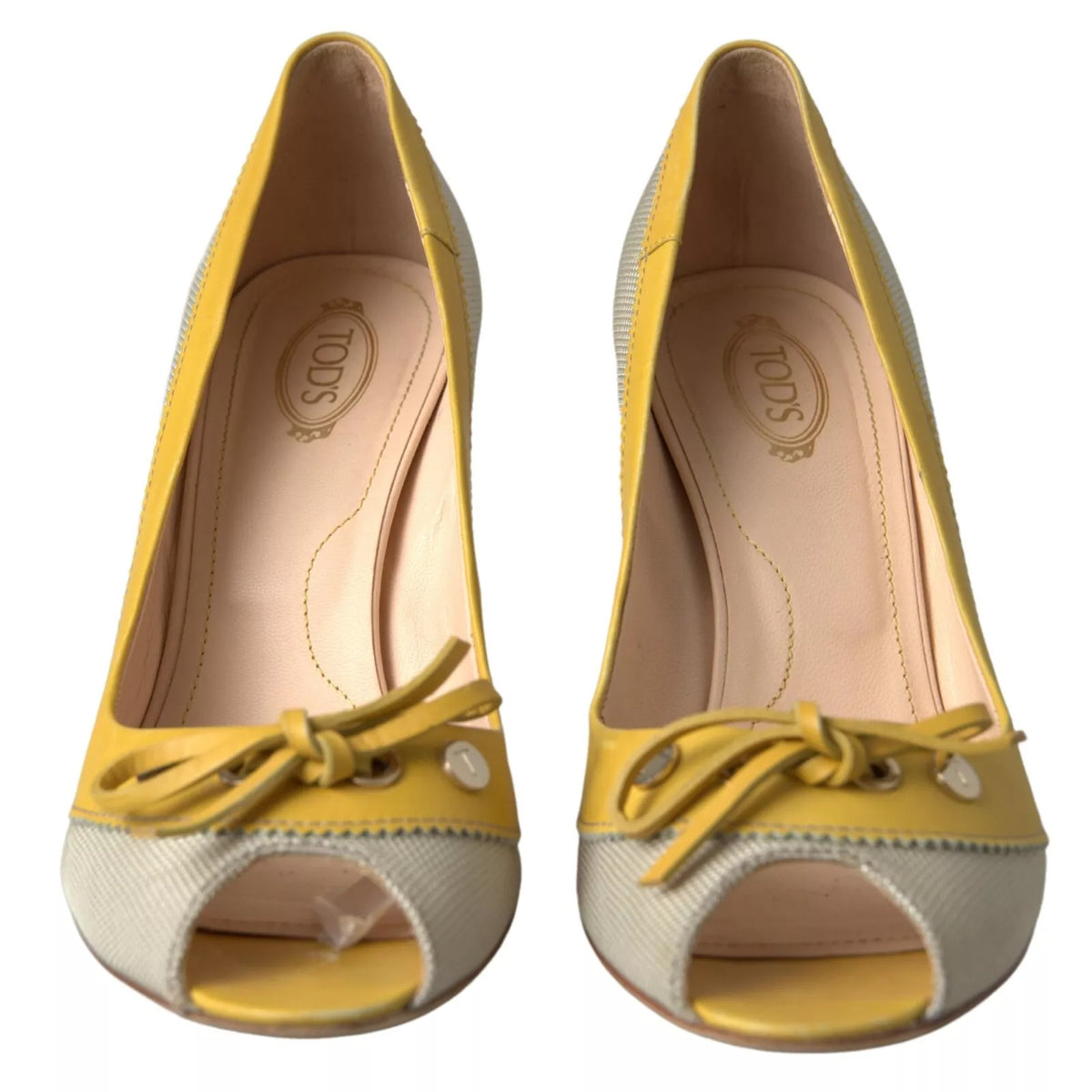 Tod's Yellow Off White Peep Toe Heels Pumps Shoes