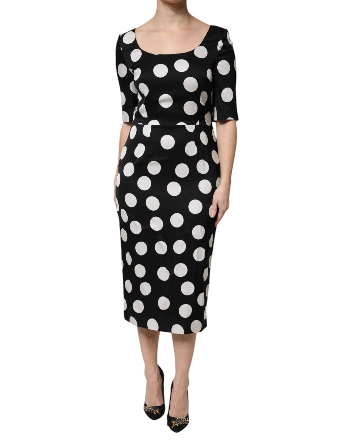 Dolce & Gabbana Black White Polka Dot Sheath Midi Dress