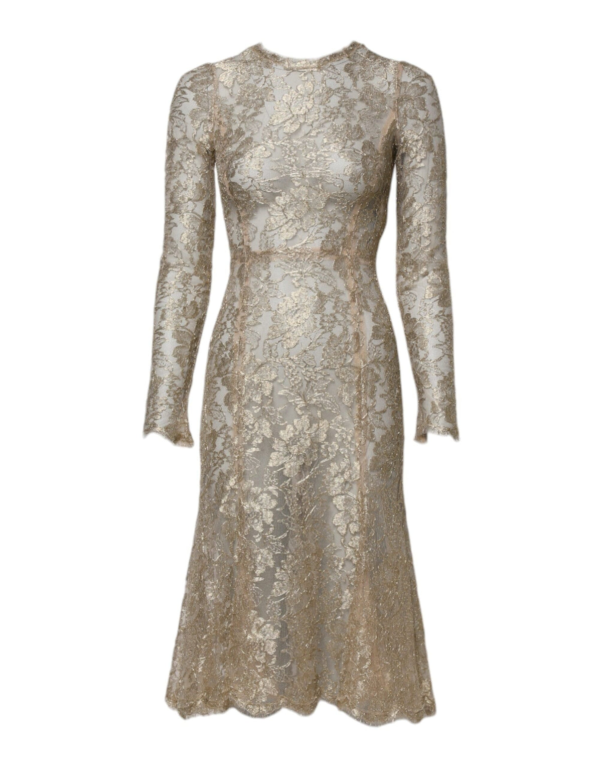 Dolce & Gabbana Gold Floral Lace Long Sleeves Fit & Flare Dress