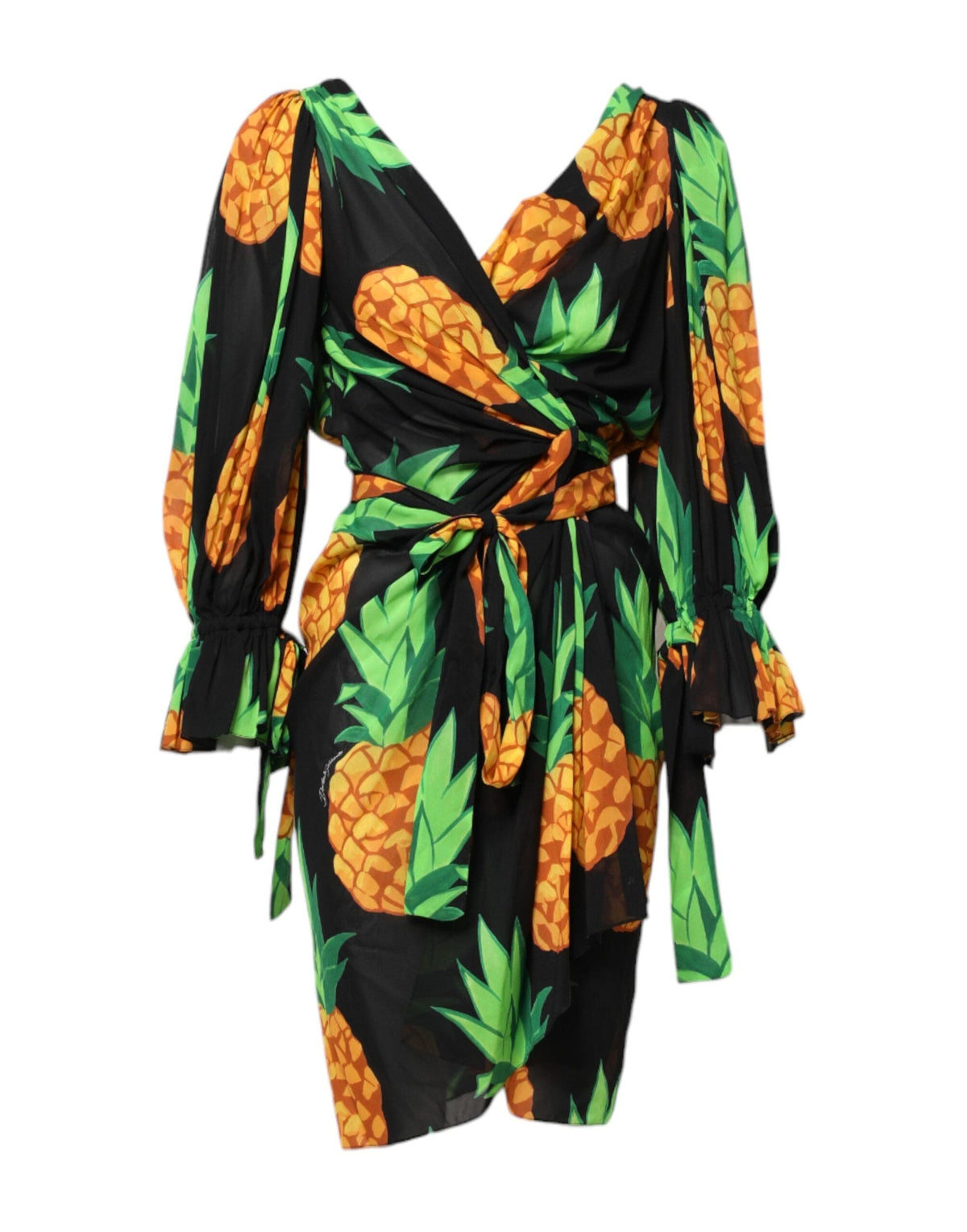 Mini-robe portefeuille en soie noire à imprimé ananas Dolce &amp; Gabbana