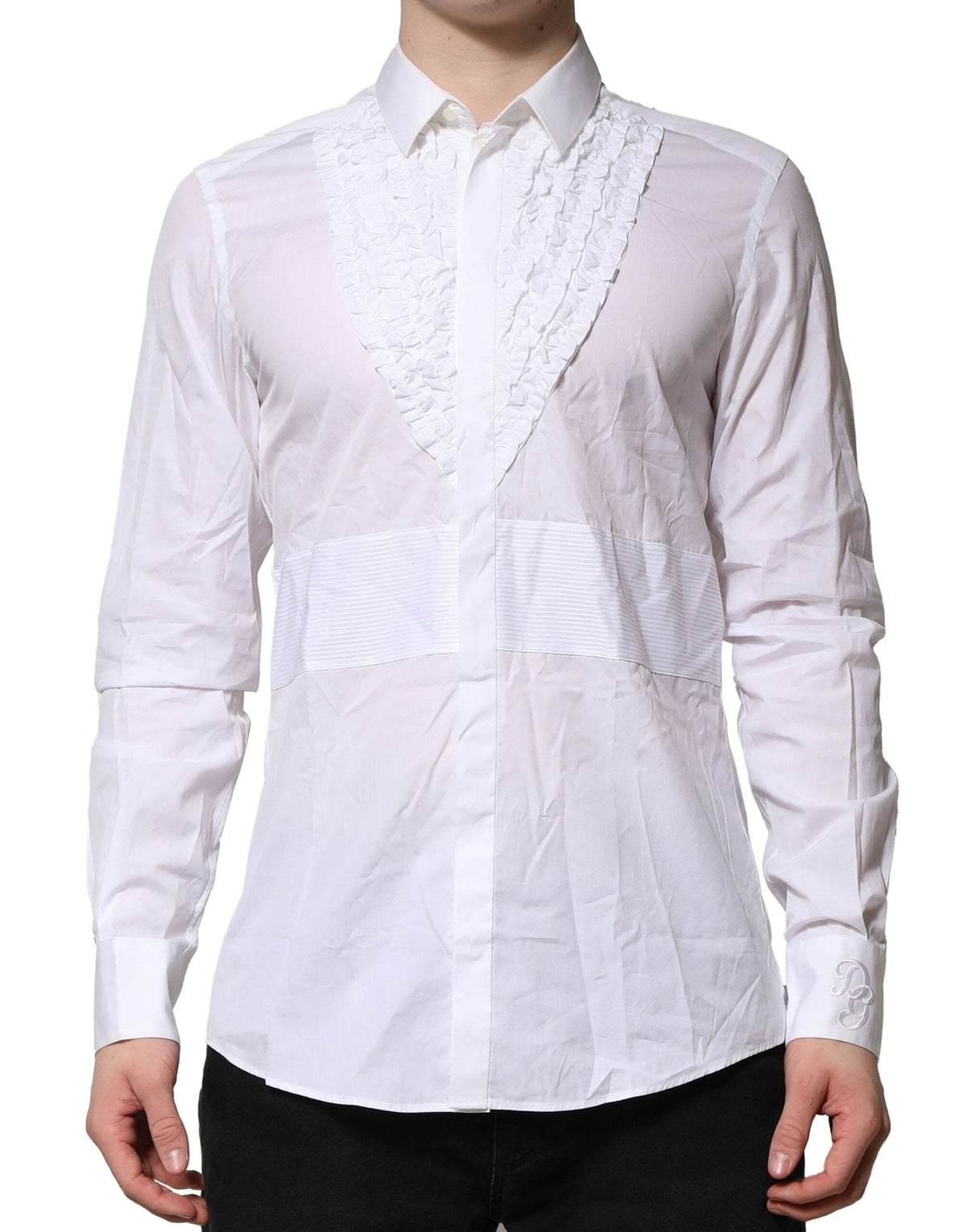 Dolce & Gabbana White Cotton Ruffled Detailing Formal Shirt