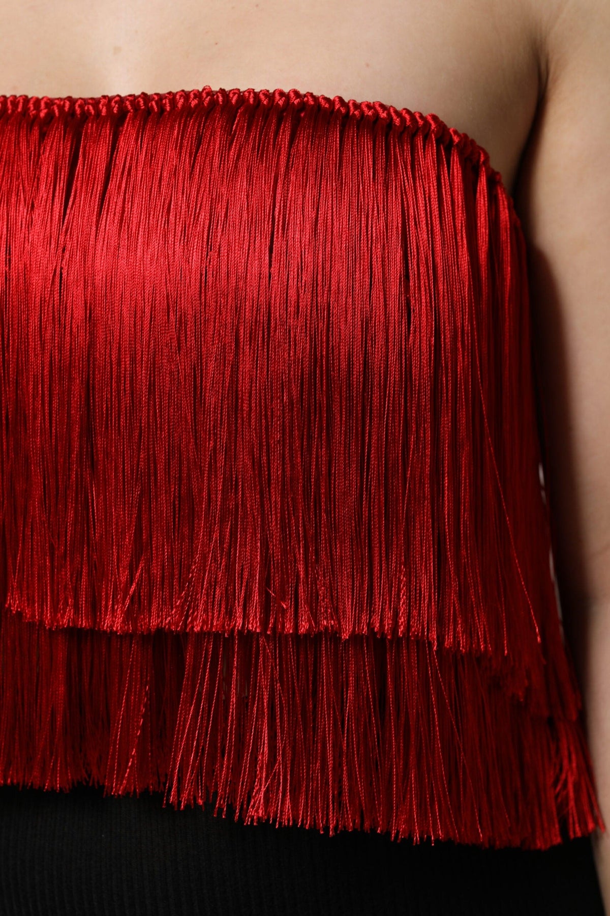 Dolce & Gabbana Red Silk Strapless Fringe Crop Tube Top