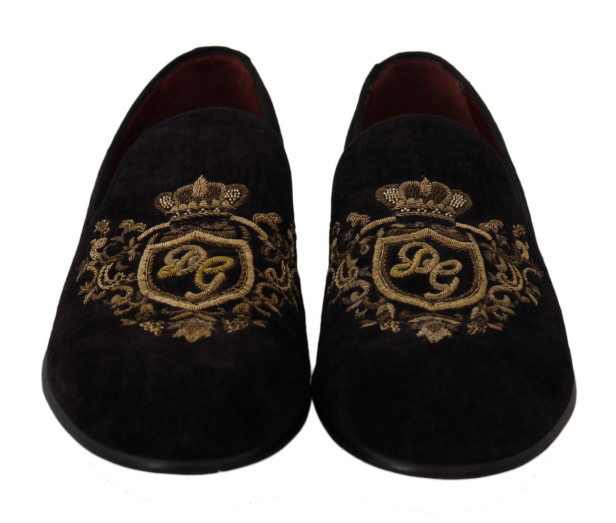 Mocassins noirs élégants Dolce &amp; Gabbana avec broderie couronne dorée