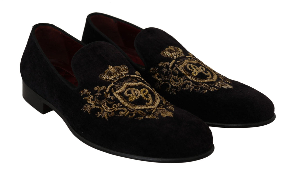 Mocassins noirs élégants Dolce &amp; Gabbana avec broderie couronne dorée