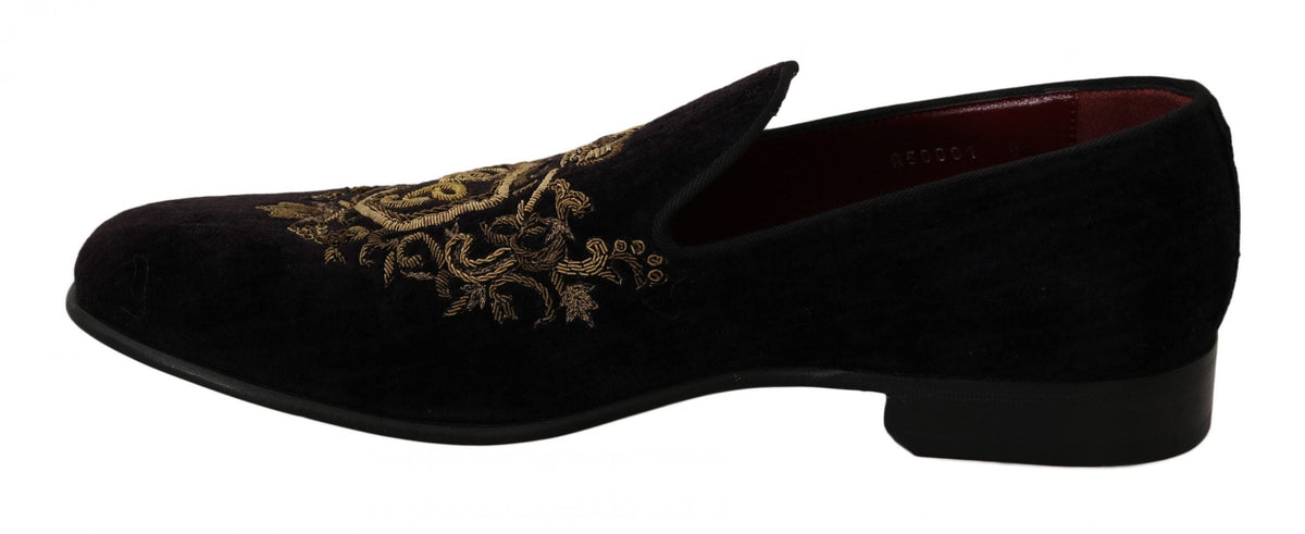 Mocassins noirs élégants Dolce &amp; Gabbana avec broderie couronne dorée