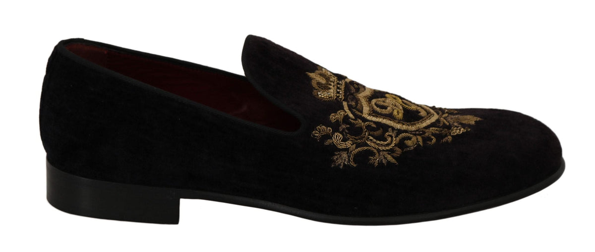 Mocassins noirs élégants Dolce &amp; Gabbana avec broderie couronne dorée