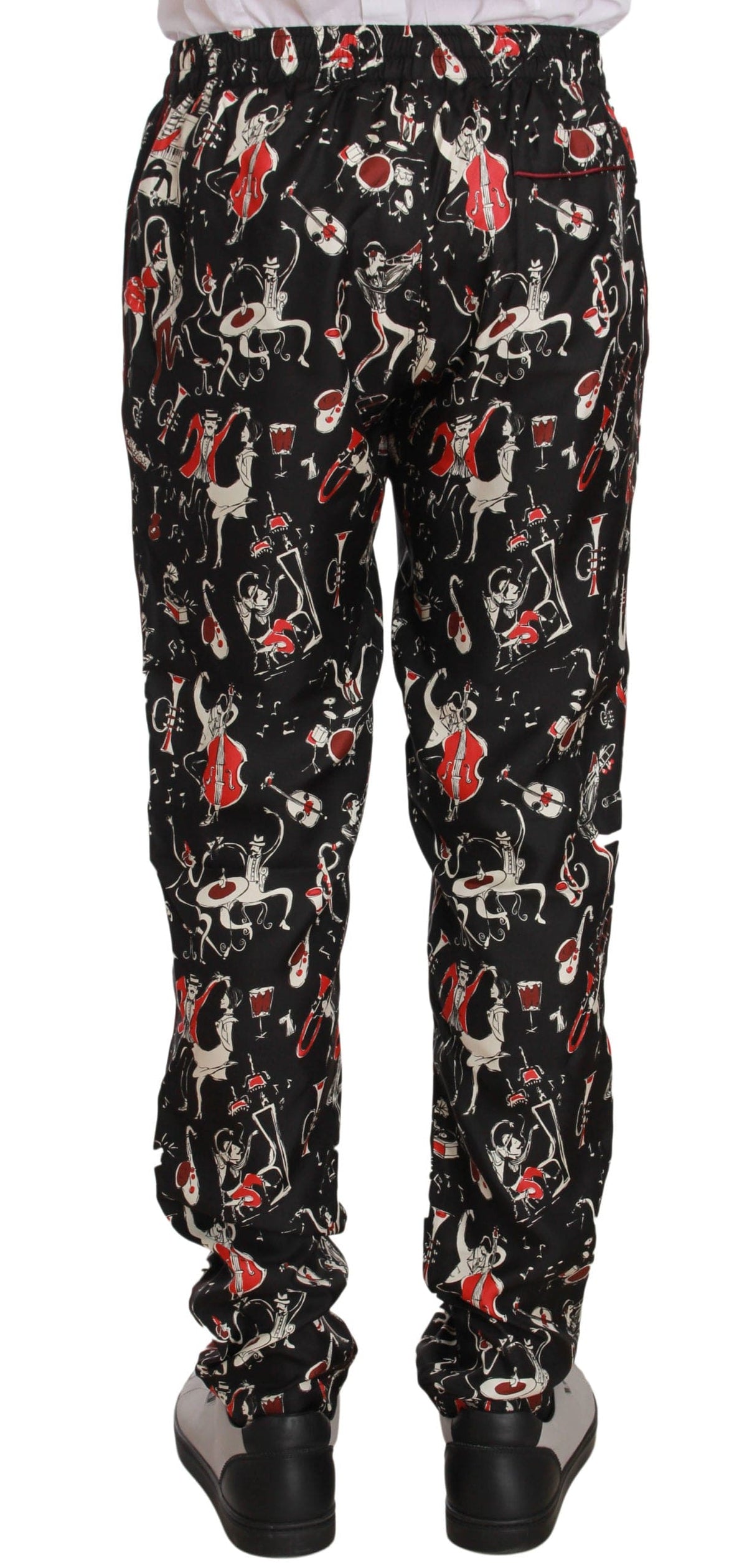 Pantalon de détente élégant en soie noire à imprimé rouge Dolce &amp; Gabbana