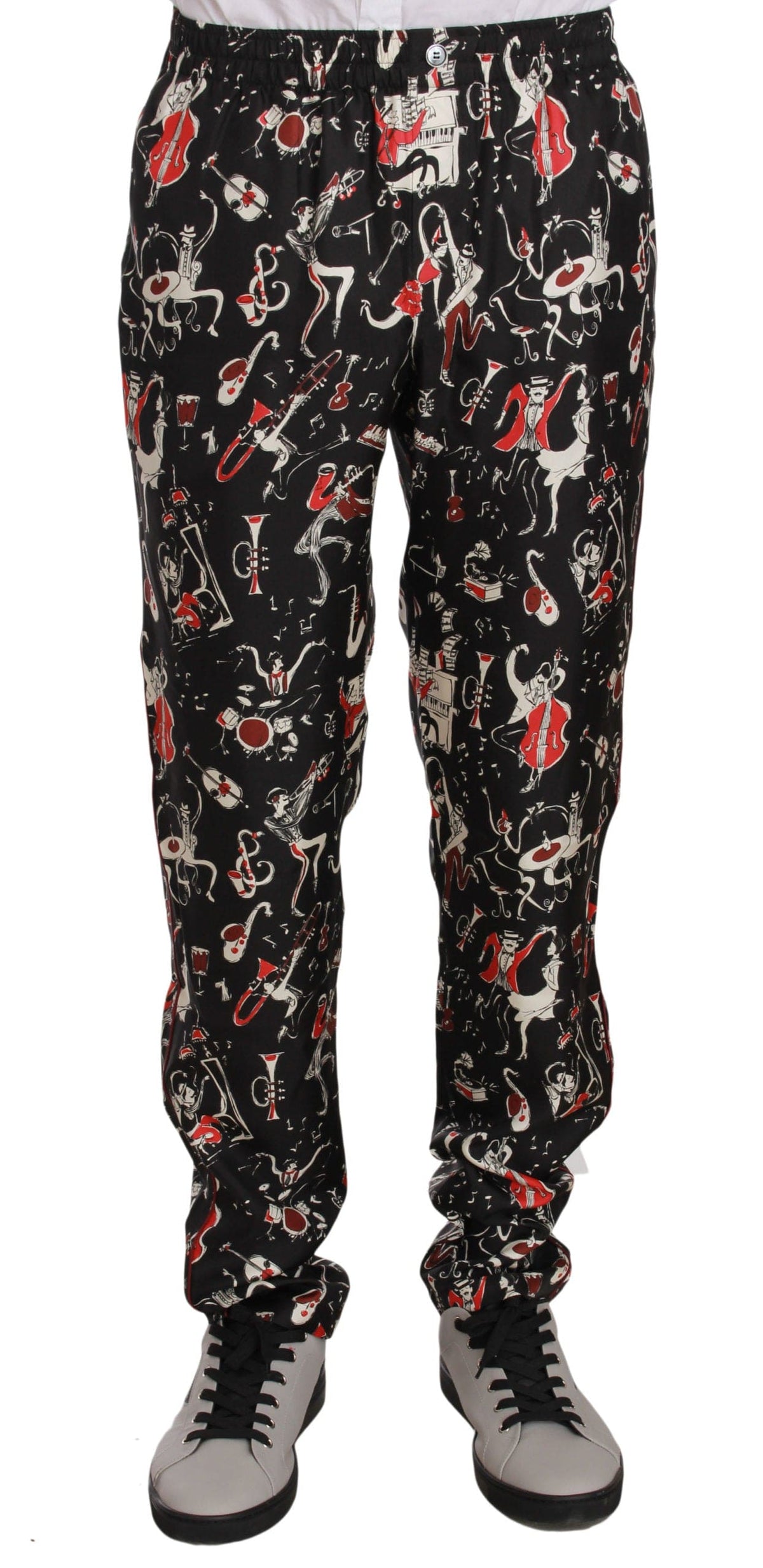 Pantalon de détente élégant en soie noire à imprimé rouge Dolce &amp; Gabbana