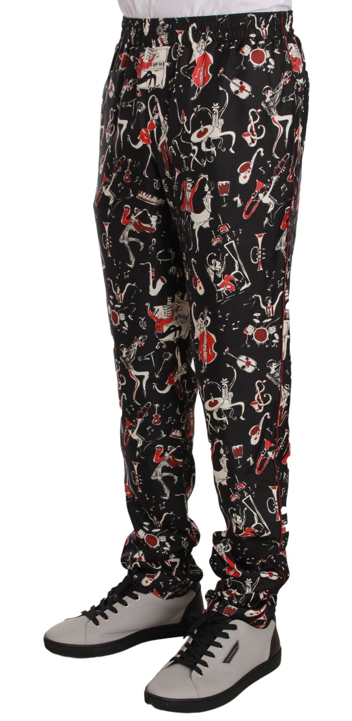 Pantalon de détente élégant en soie noire à imprimé rouge Dolce &amp; Gabbana