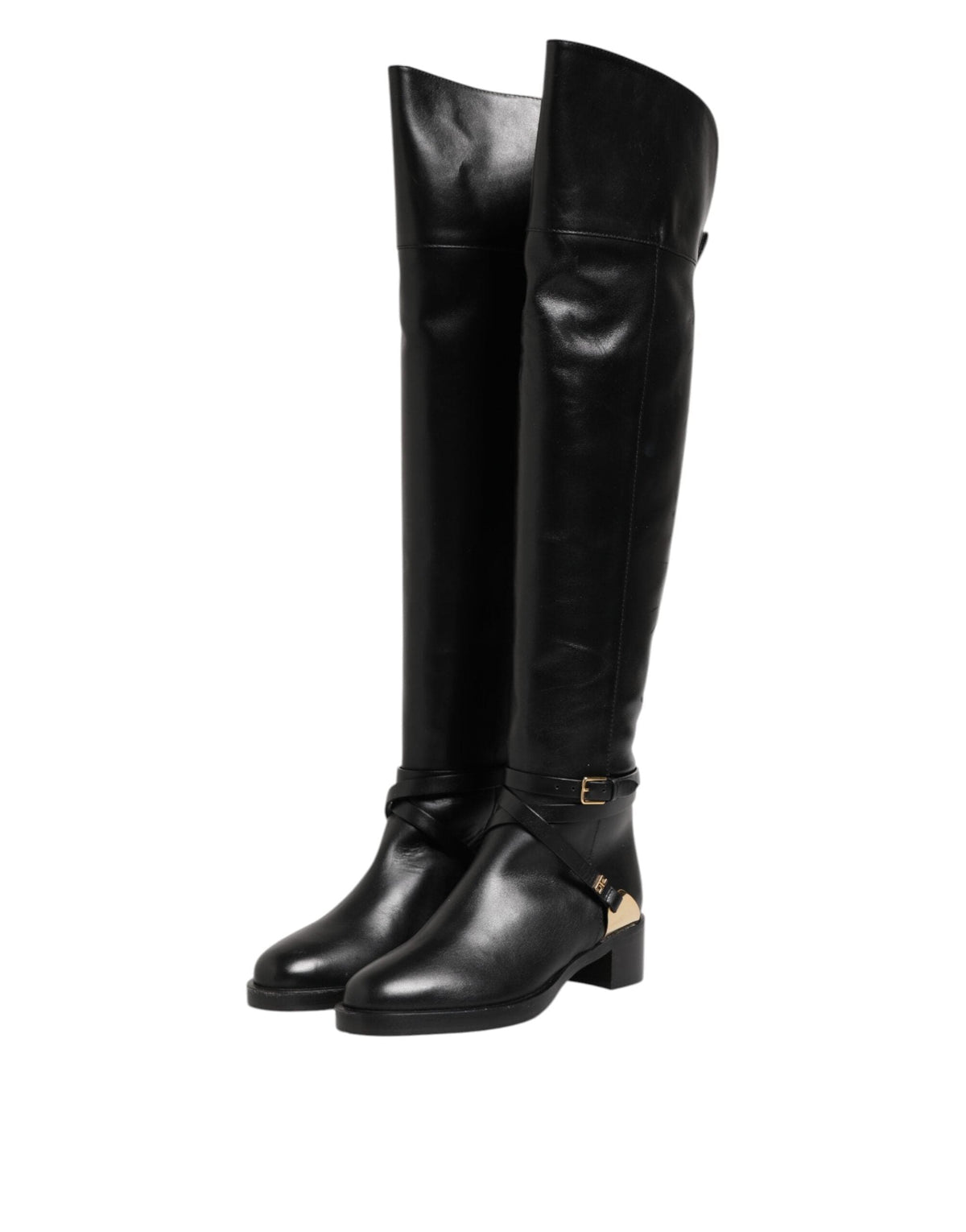 Elisabetta Franchi Black Leather Buckled High Boots Shoes