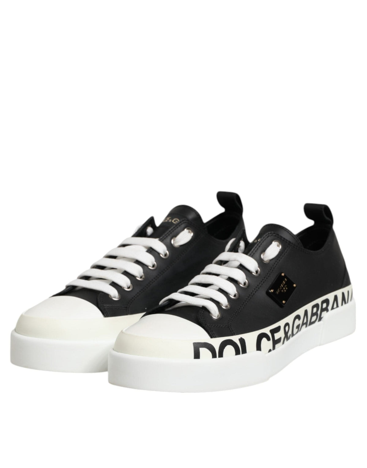 Dolce & Gabbana Black White Leather Low Top Sneakers Shoes