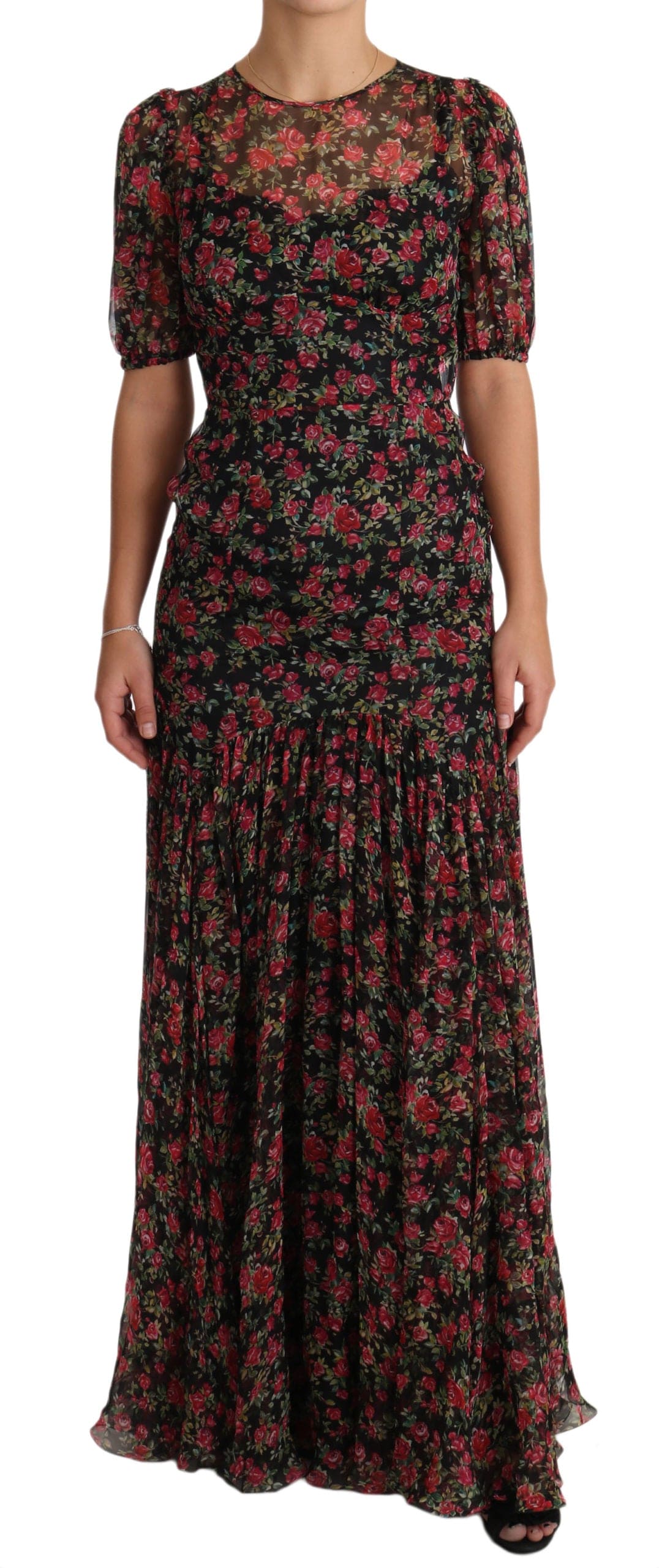 Robe trapèze élégante en soie noire à imprimé floral Dolce &amp; Gabbana