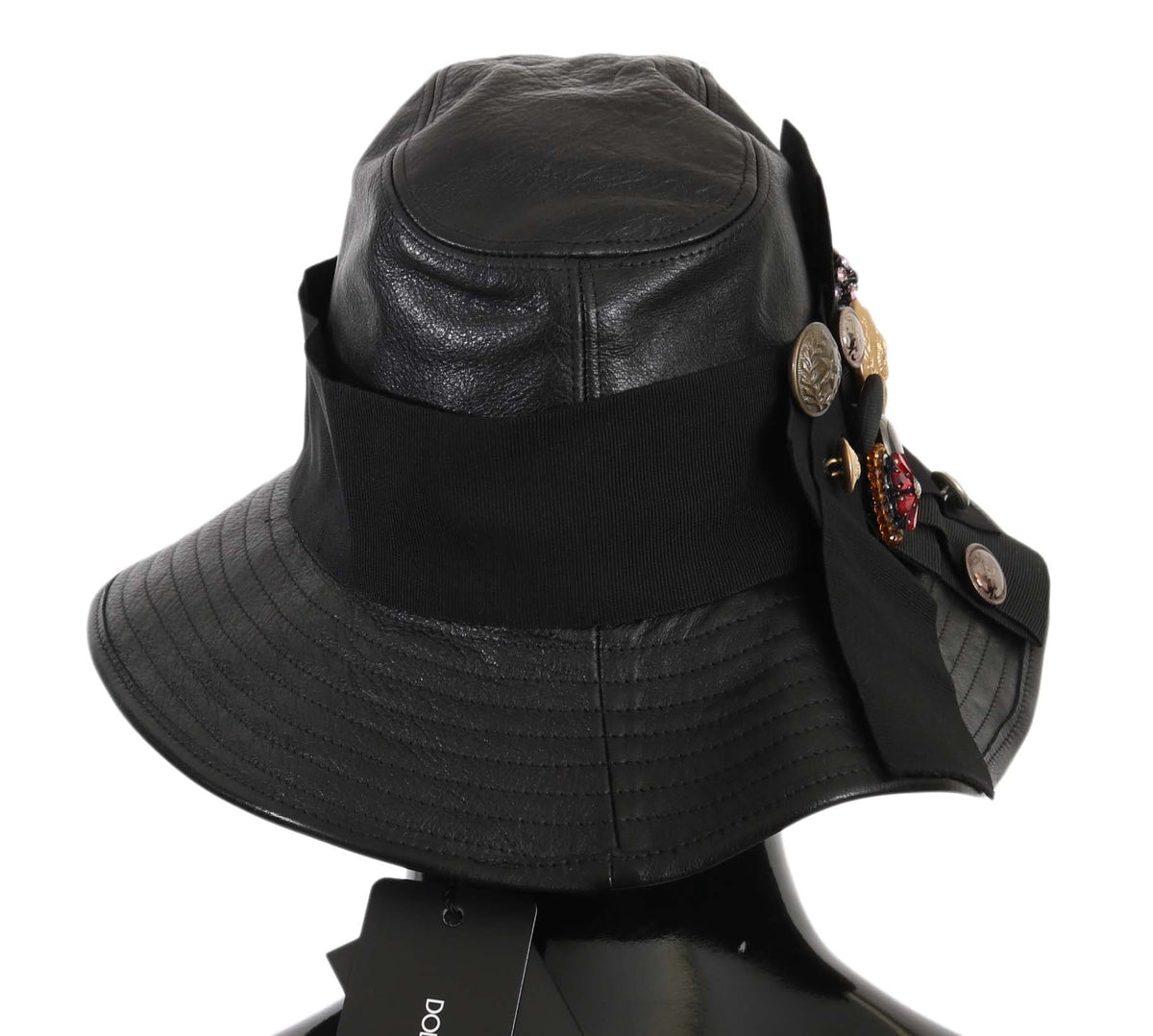 Casquette cloche élégante en cuir noir Dolce &amp; Gabbana