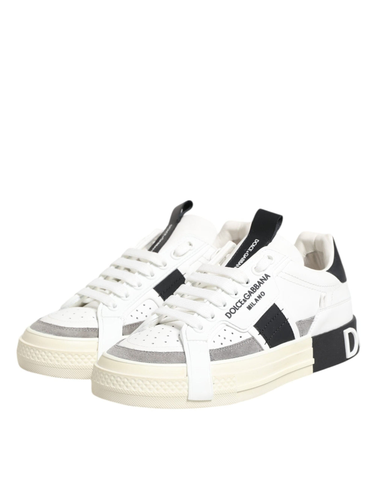 Dolce & Gabbana White Black Leather Low Top Sneakers Shoes