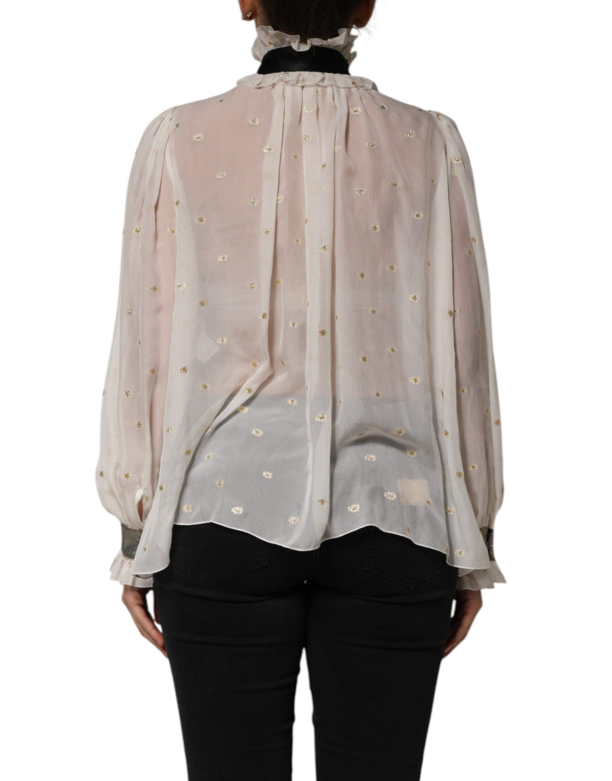 Dolce & Gabbana White Black Silk Long Sleeve Ascot Collar Top