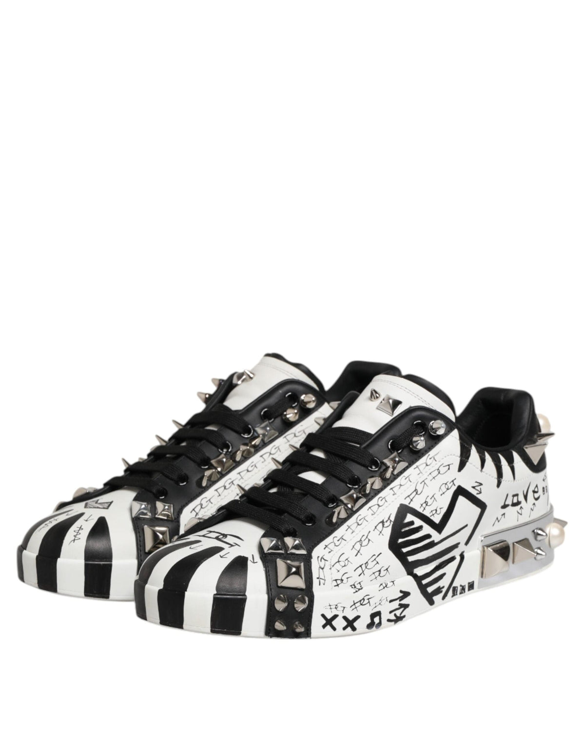 Dolce & Gabbana Black White Studded Low Top Sneakers Shoes