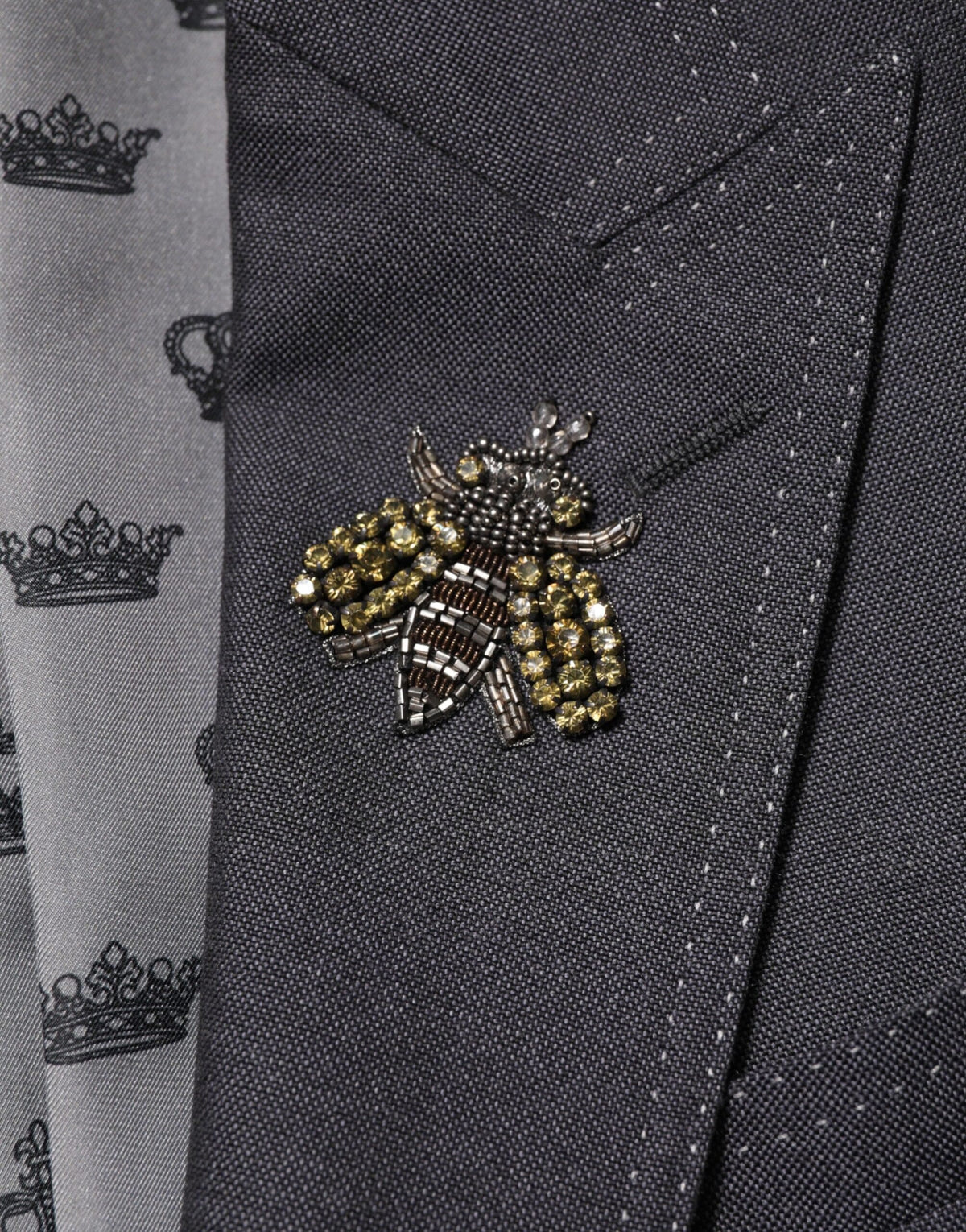 Dolce & Gabbana Dark Gray Bee Embroidery Wool Coat Blazer