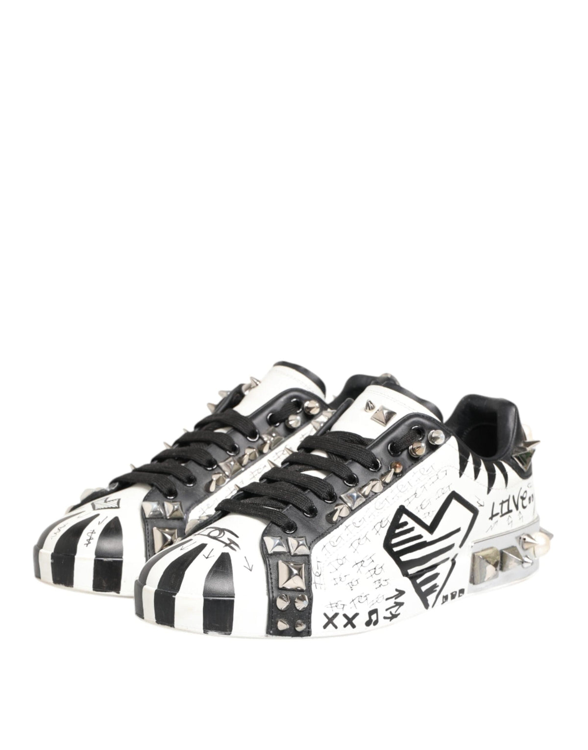 Dolce & Gabbana White Studded Printed Low Top Sneakers Shoes