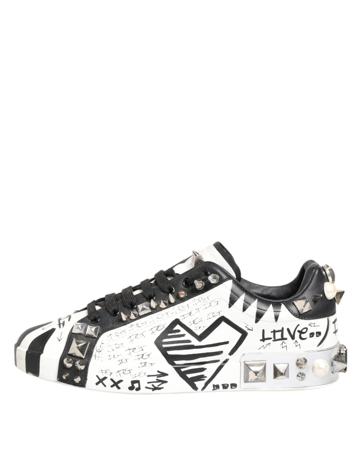 Dolce & Gabbana White Studded Printed Low Top Sneakers Shoes