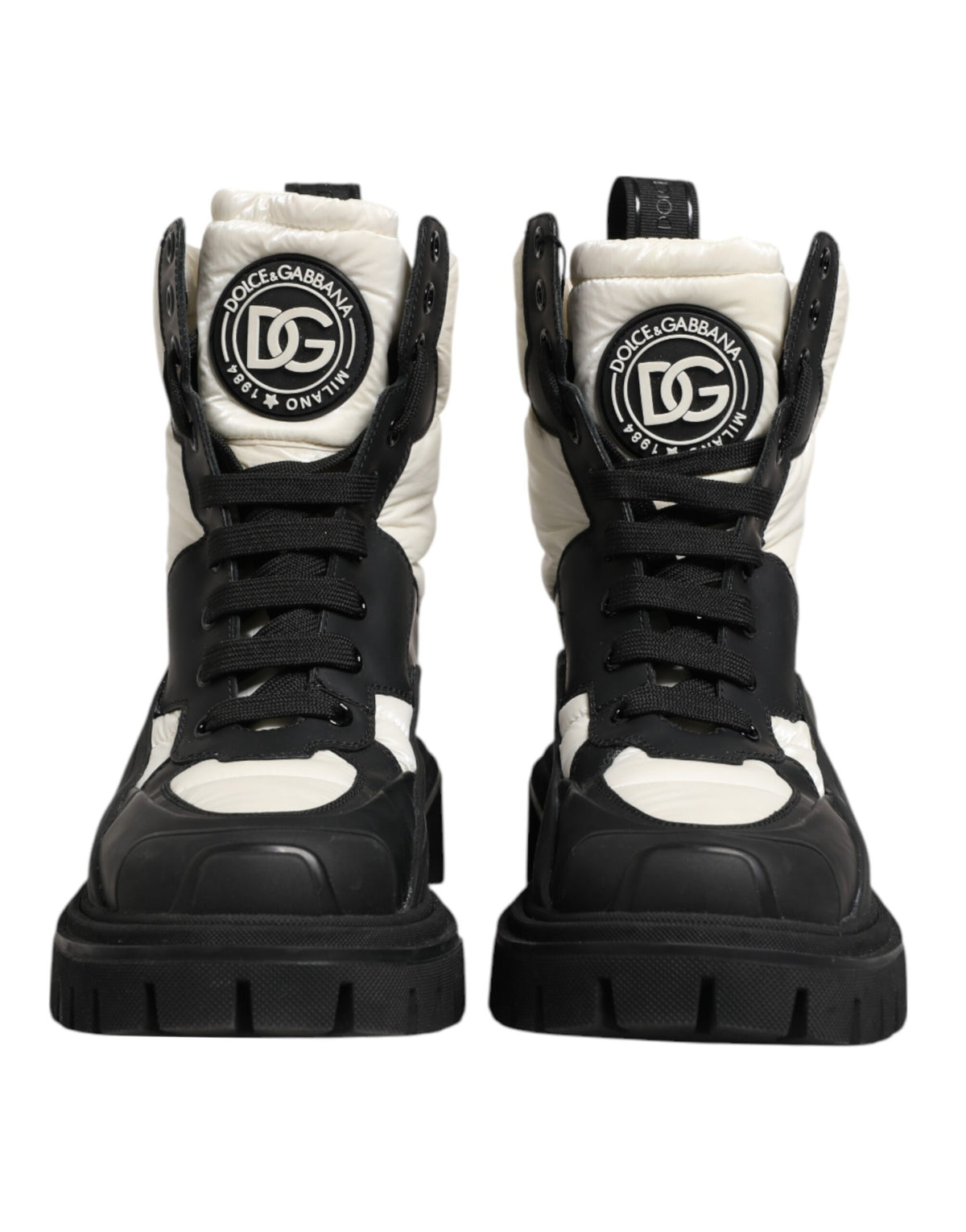 Dolce & Gabbana Black White Padded Mid Calf Lace Up Boots Shoes