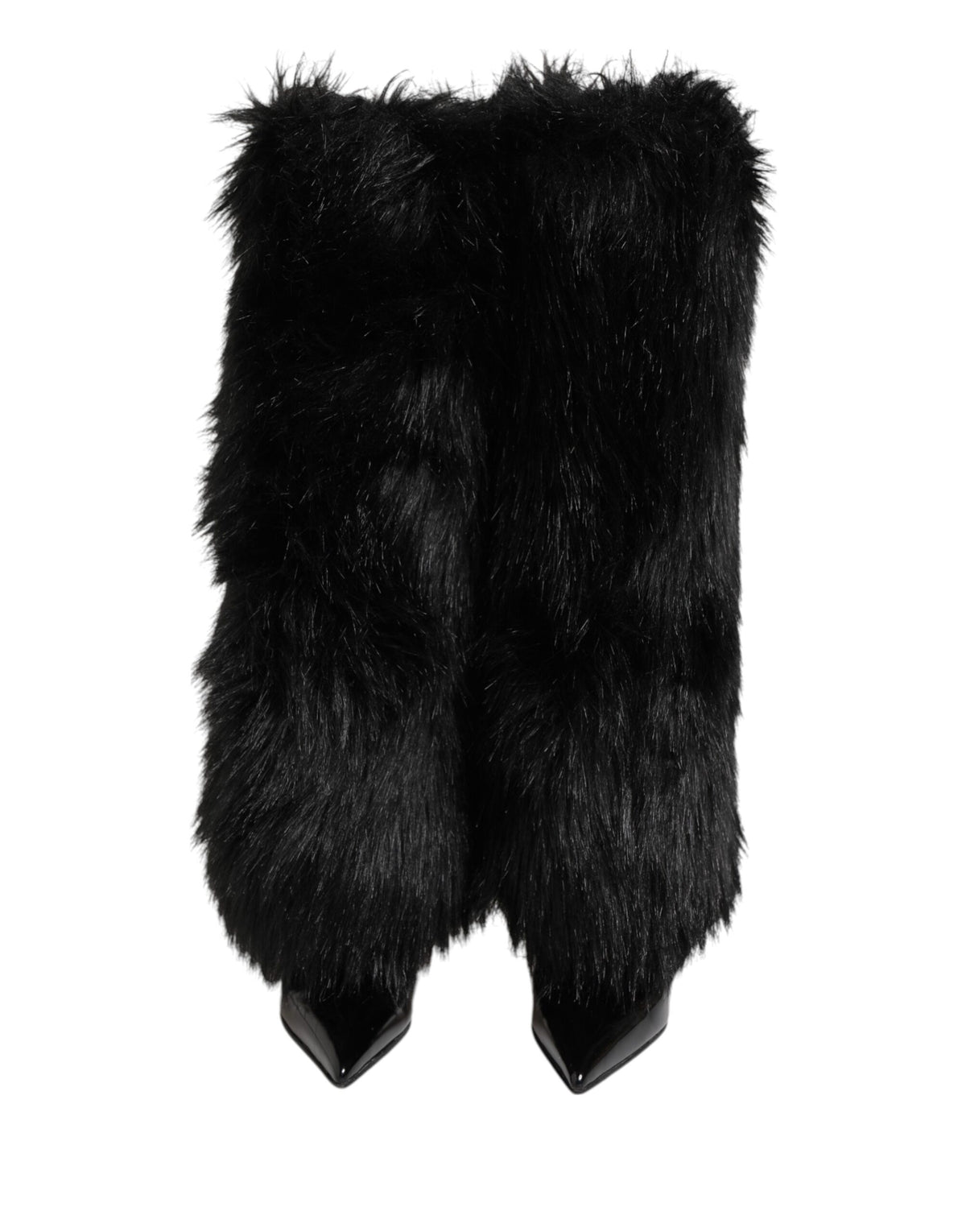 Dolce & Gabbana Black Faux Fur Pointed Knee High Stiletto Boots Shoes