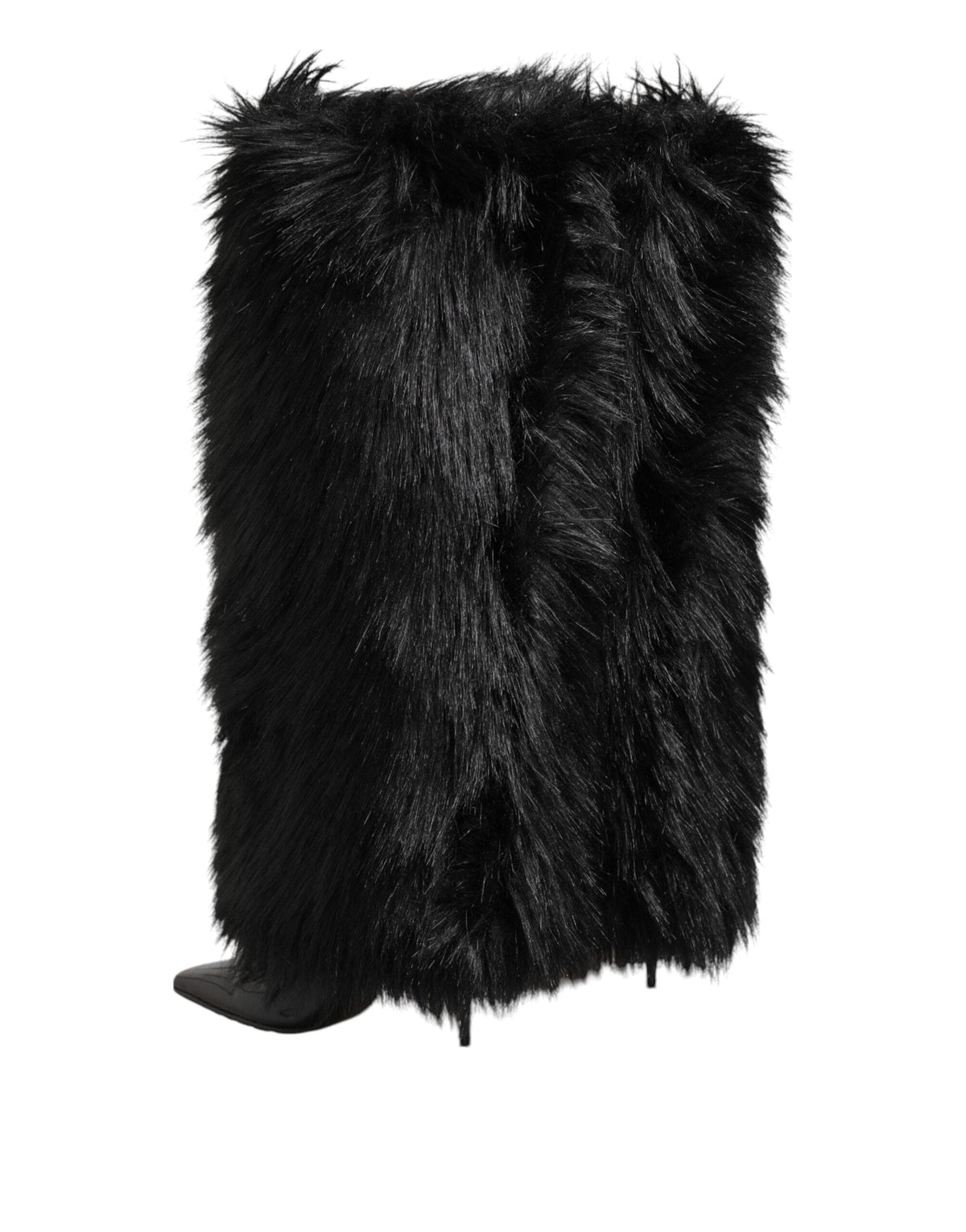 Dolce & Gabbana Black Faux Fur Pointed Knee High Stiletto Boots Shoes