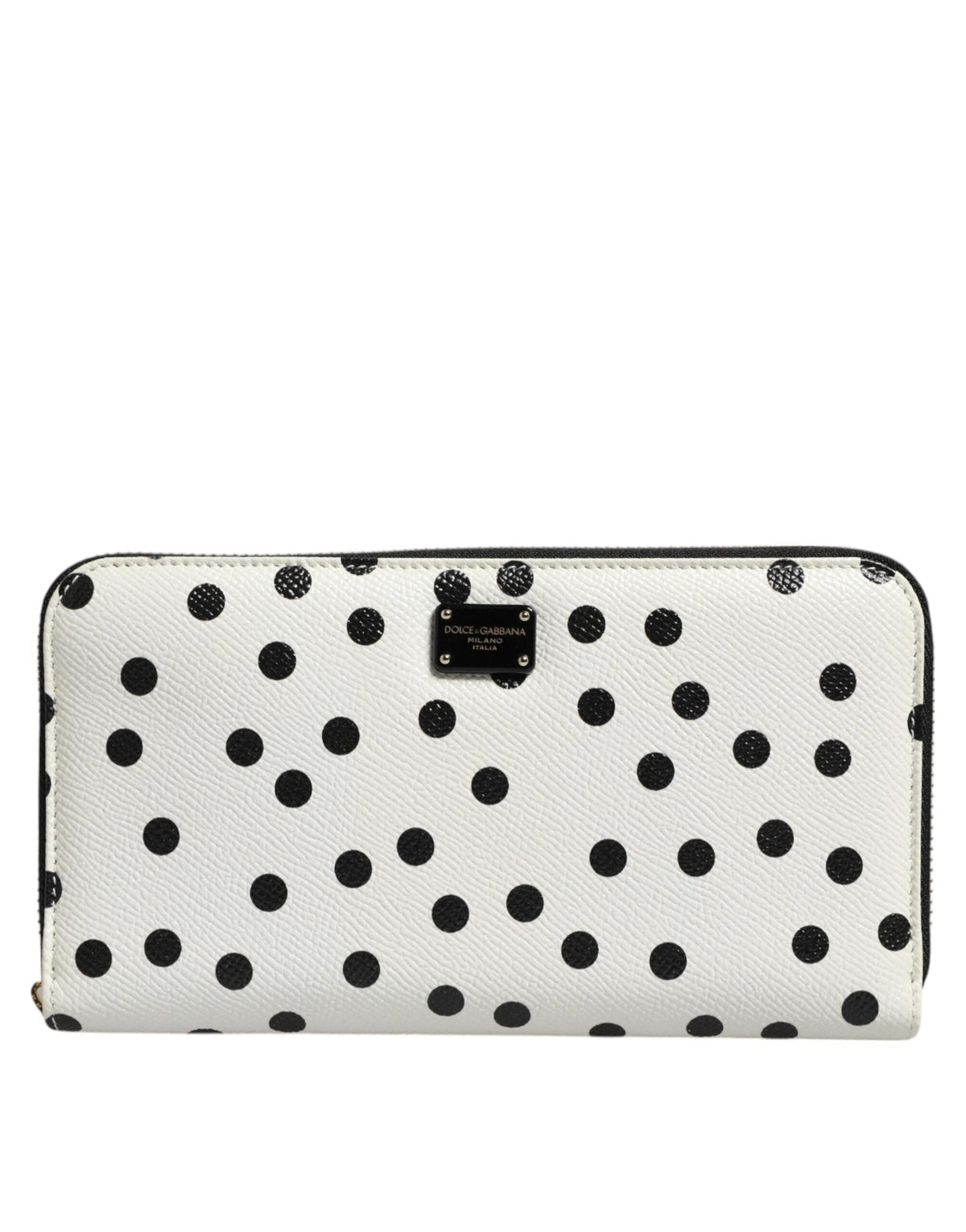 Dolce & Gabbana White Black Dotted Leather Zip Around Continental Wallet