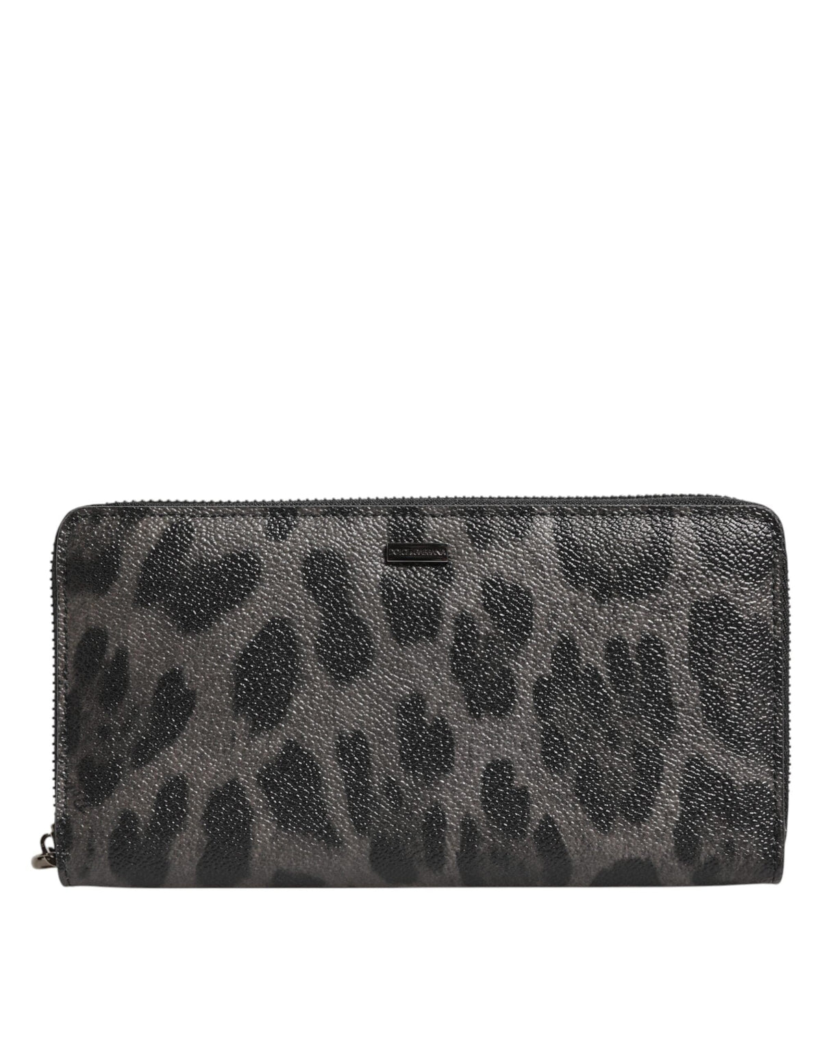 Dolce & Gabbana Black Gray Leopard Leather Zip Around Continental Wallet