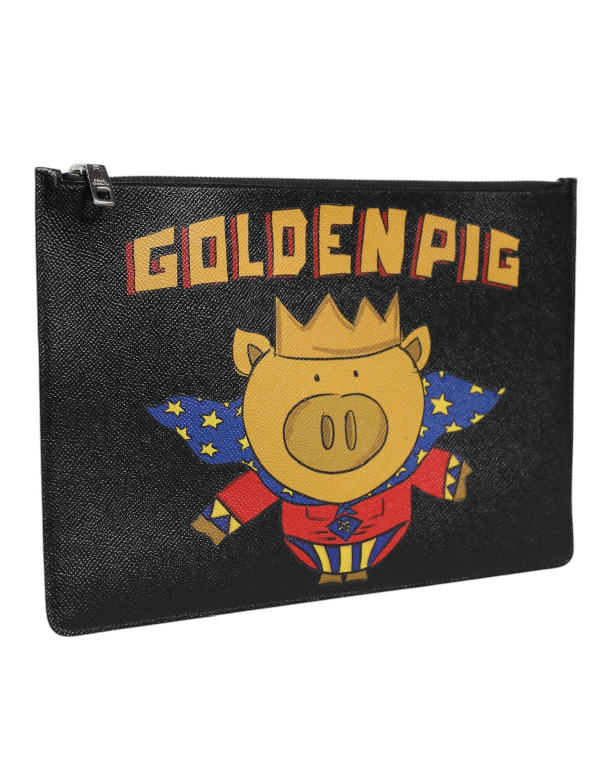 Dolce & Gabbana Black Leather Golden Pig Print Men Clutch Pouch Borse Bag