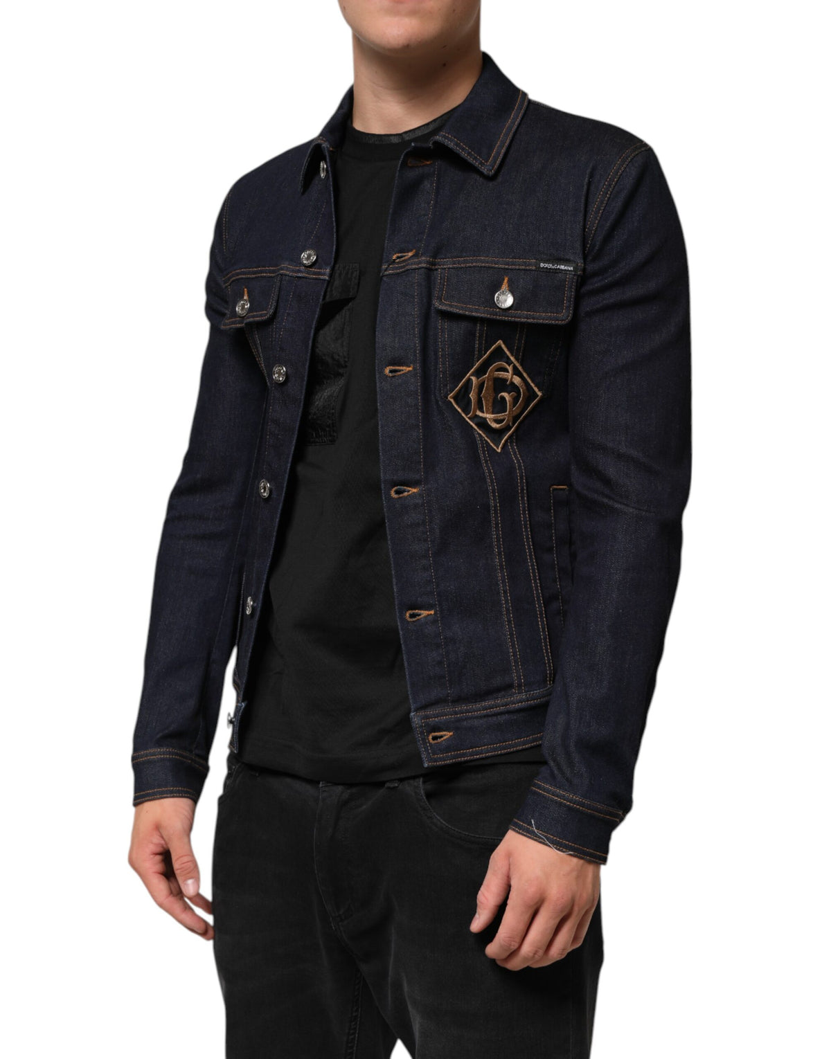 Dolce & Gabbana Indigo Blue Denim Slim Fit Logo Patch Jacket