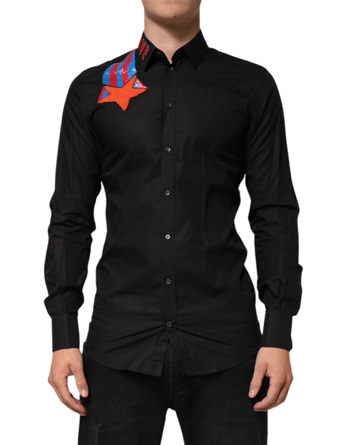 Dolce & Gabbana Black Cotton Star Sequin Dress Formal Men Shirt JOHNYCARRIBEAN Dolce & Gabbana Black Cotton Star Sequin Dress Formal Men Shirt JOHNYCARRIBEAN